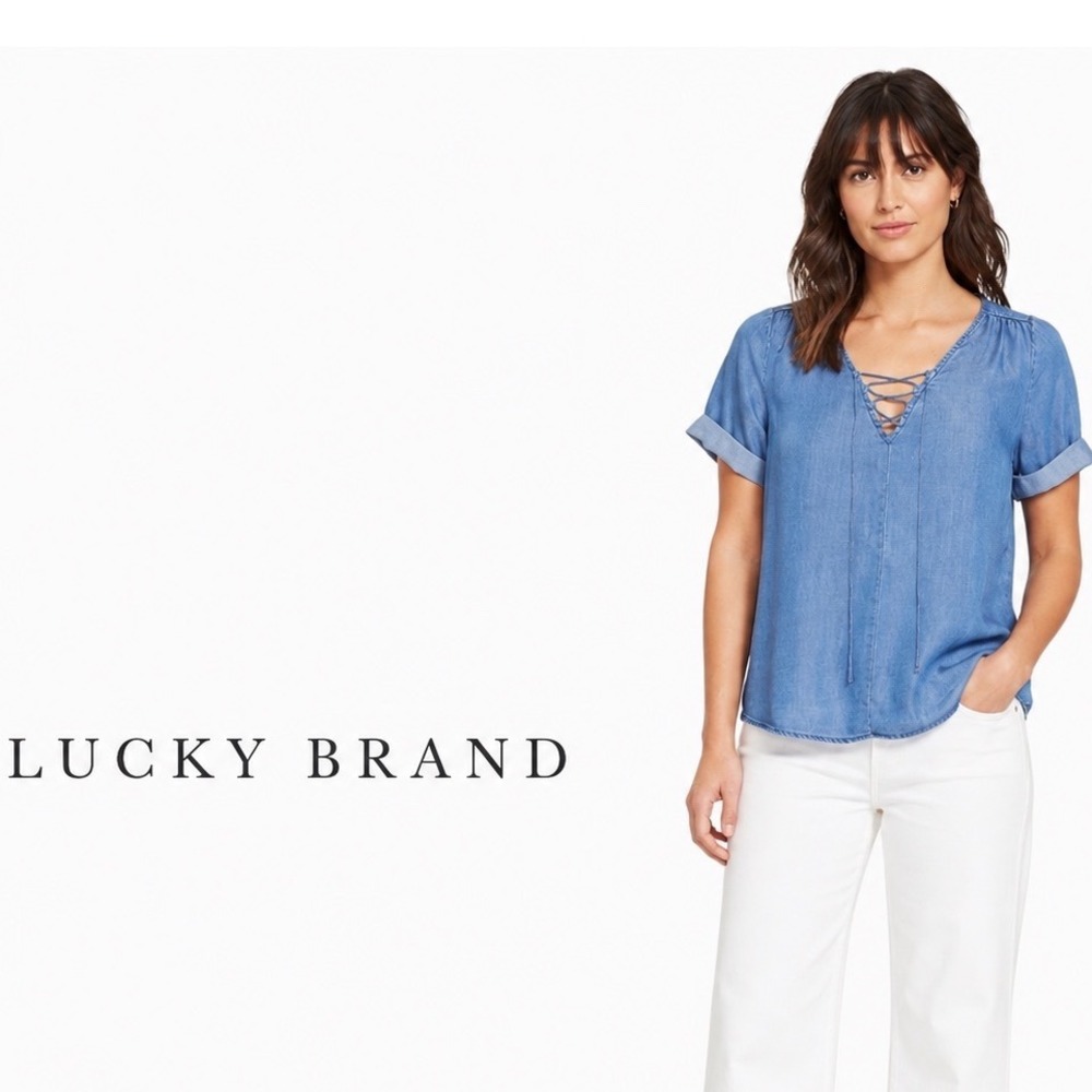 Lucky Brand Chambray Lace Up Top Blue Tencel Denim Short Sleeve Boho Blouse XS